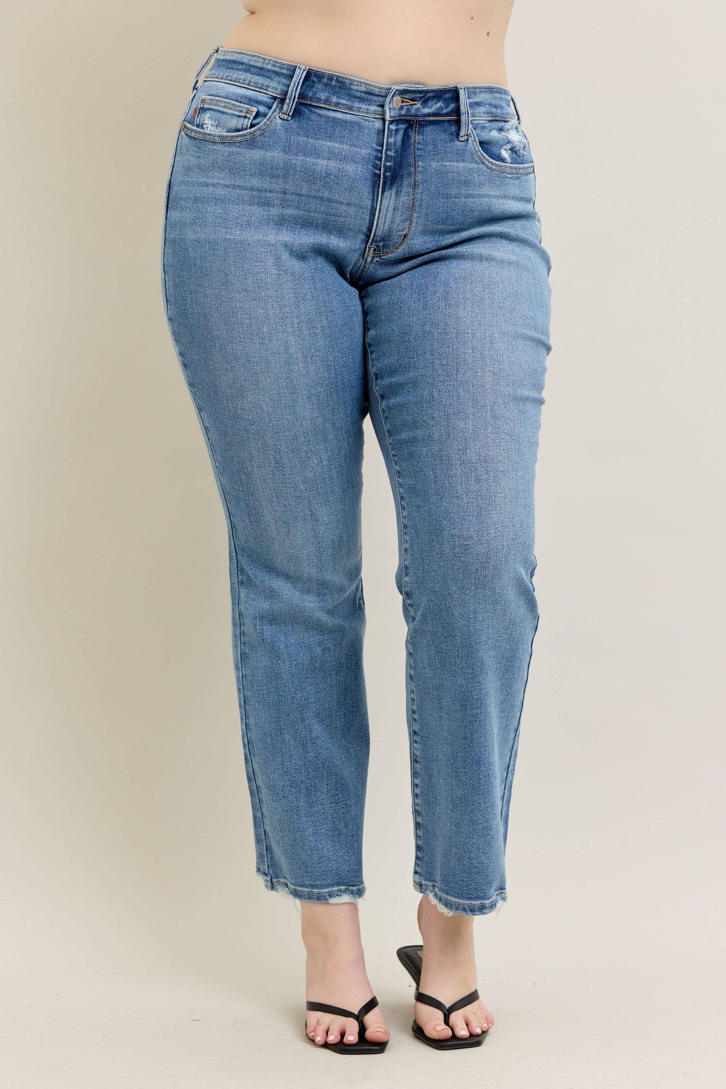 Judy Blue Plus Size Mid Rise Vintage Wash Bootcut Jeans with Distressed Hem