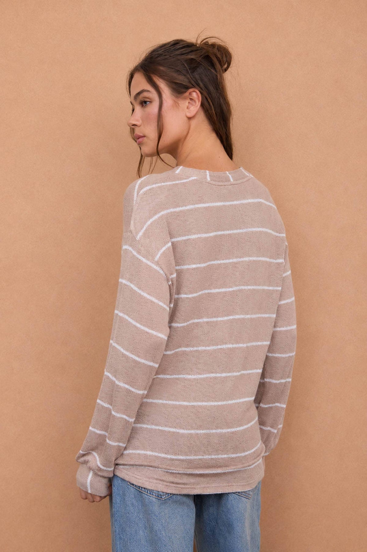 Stripe long sleeve cuffed knit top