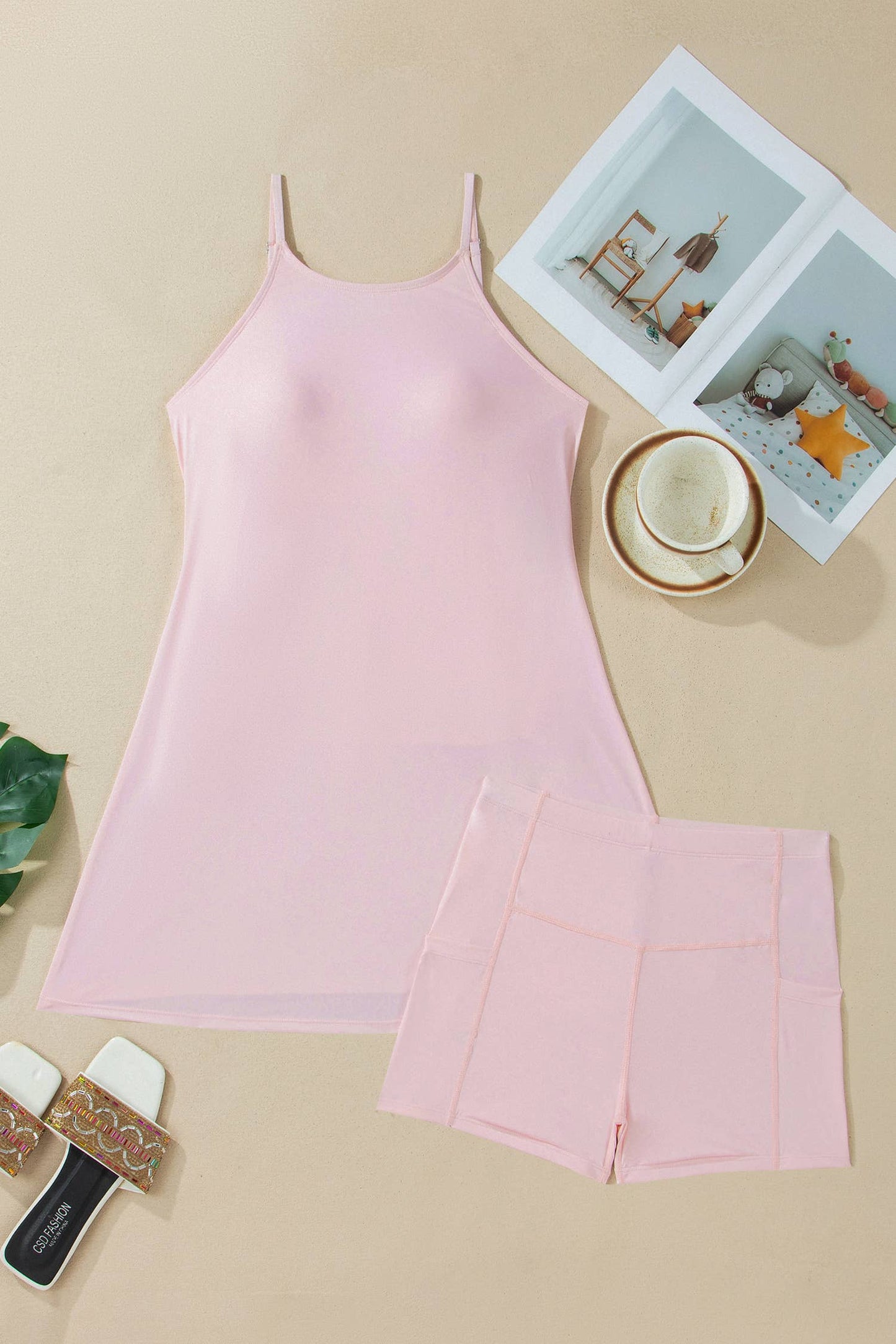Solid Color Slim Tank Strap Dress with Athletic Shorts