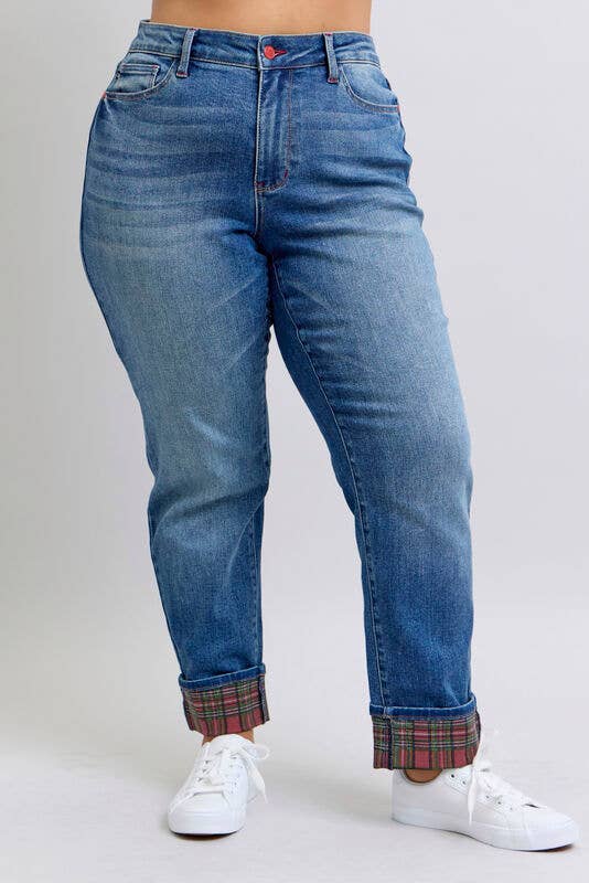 MR Plaid Print Cuff Boyfriend Jeans by Judy Blue – Plus Size