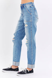 Judy Blue Plus Size High Waisted Distressed Boyfriend Jeans with Patch Pockets