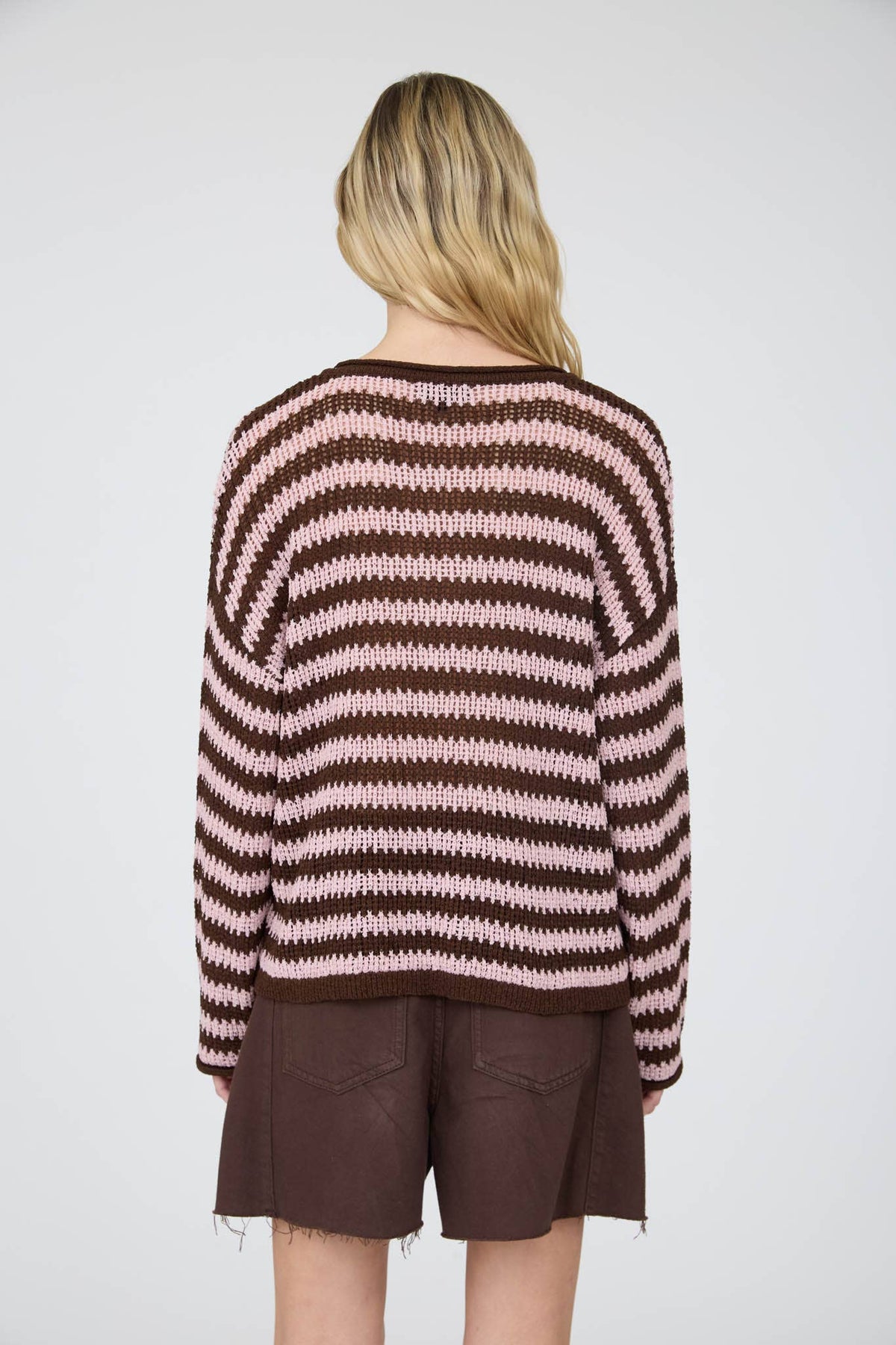 Stripe raw edge split neck sweater