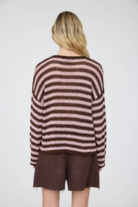 Stripe raw edge split neck sweater