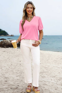 Solid Color V Neck Short Puff Sleeve Blouse