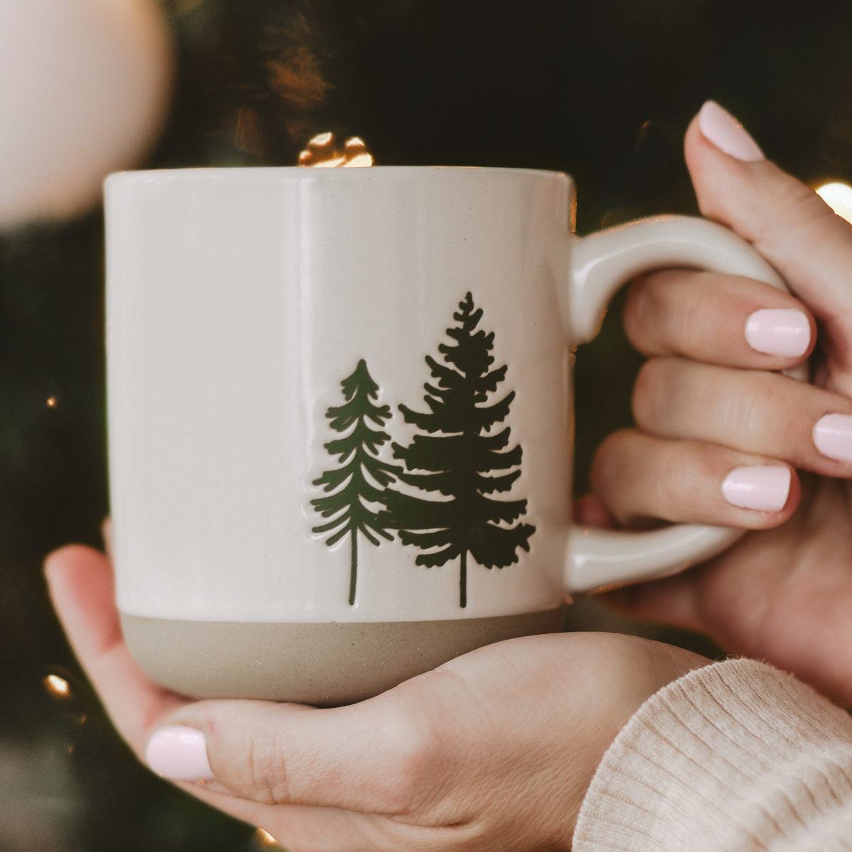 Green Tree Stoneware Mug – Rustic Cream Holiday Coffee Mug 14oz