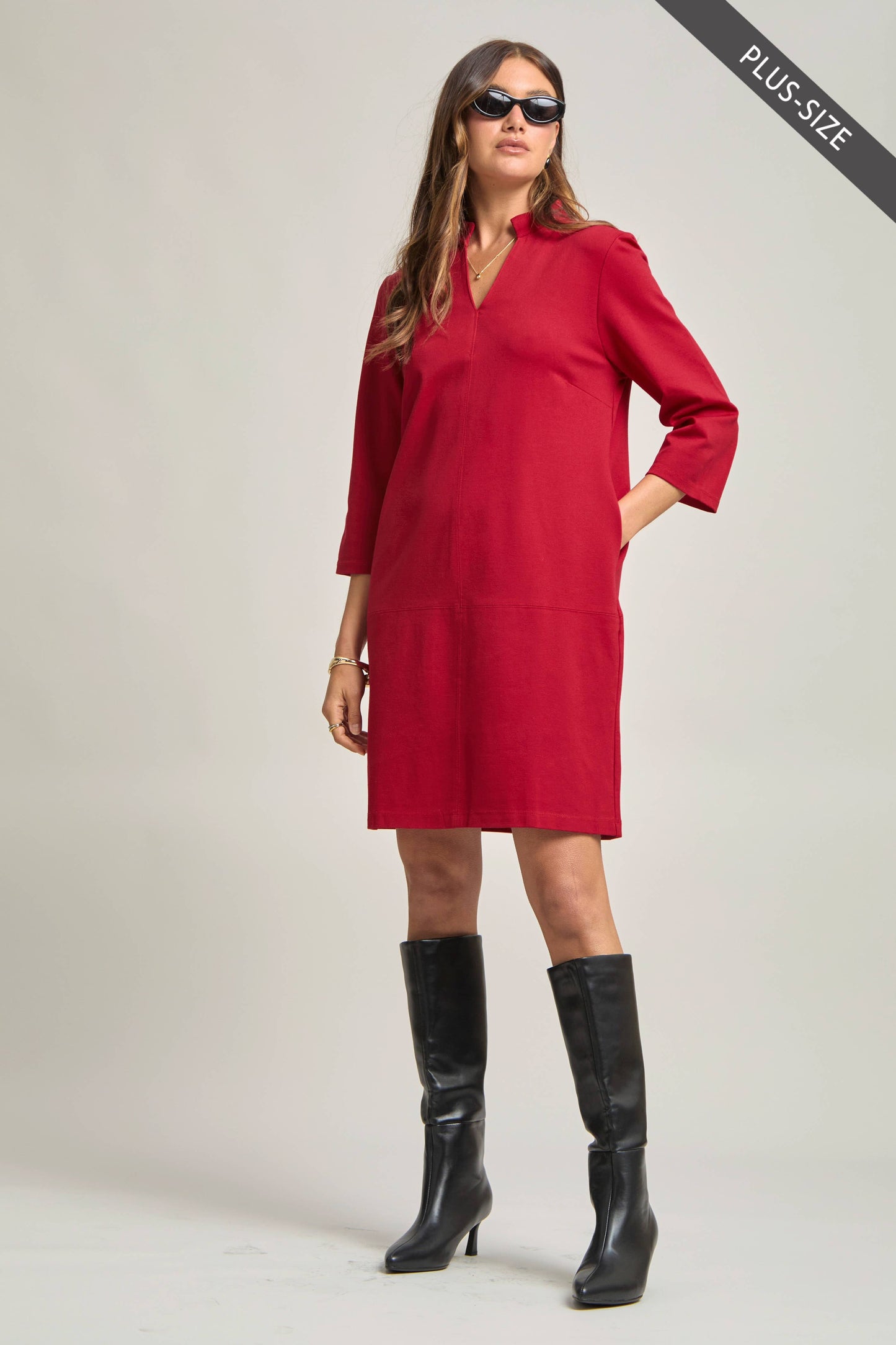 PLUS SIZE Magic Ponte A-Line Dress with Mandarin Collar – Work-Appropriate & Everyday Chic
