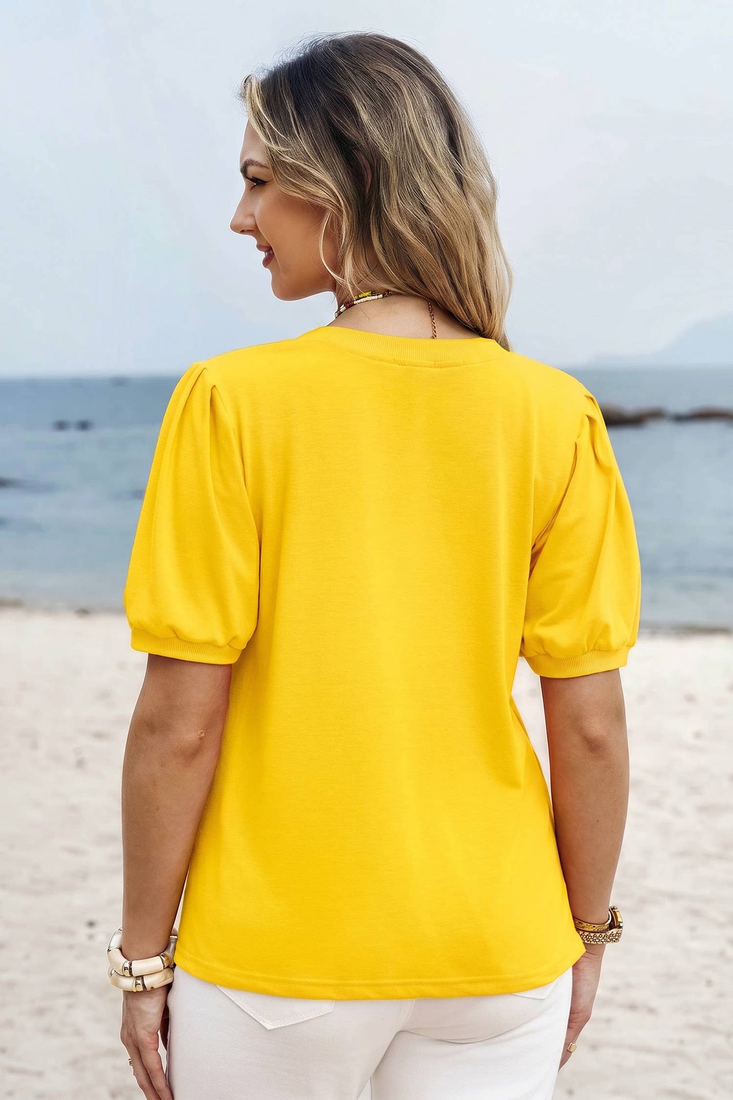 Solid Color V Neck Short Puff Sleeve Blouse