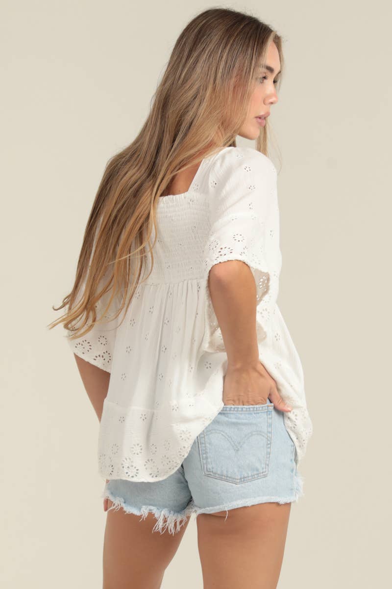 EYELET EMBROIDERED KIMONO SLEEVE SMOCKED BUST TOP