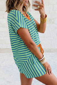Stripe Short Sleeve V Neck Top Strawing Waist Short Set