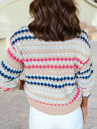 Stripe Eyelet Patterned Drop Shoulder Sweater
