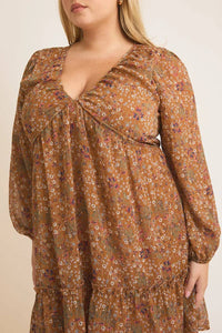 Plus Size Floral Shirring Detail Long Sleeve Mini Dress