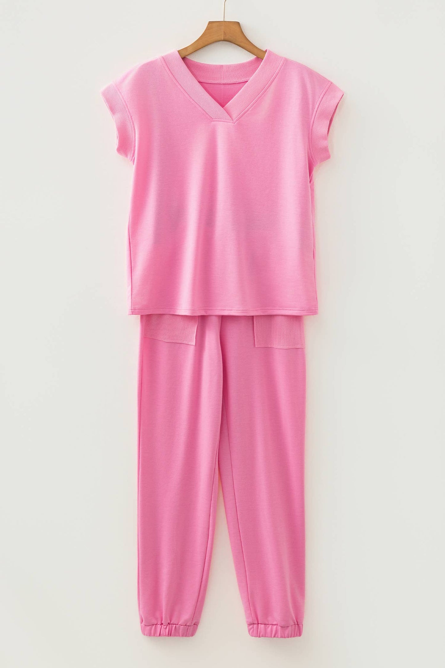 V Neck Tee Texture Patchwork Drawstring Pant Set