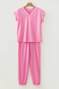 V Neck Tee Texture Patchwork Drawstring Pant Set