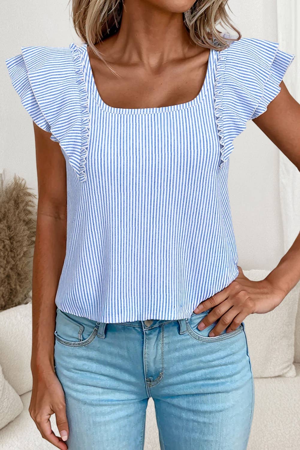 Blue Stripe Ruffle Sleeve Bow Back Top