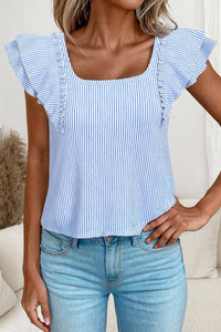 Blue Stripe Ruffle Sleeve Bow Back Top