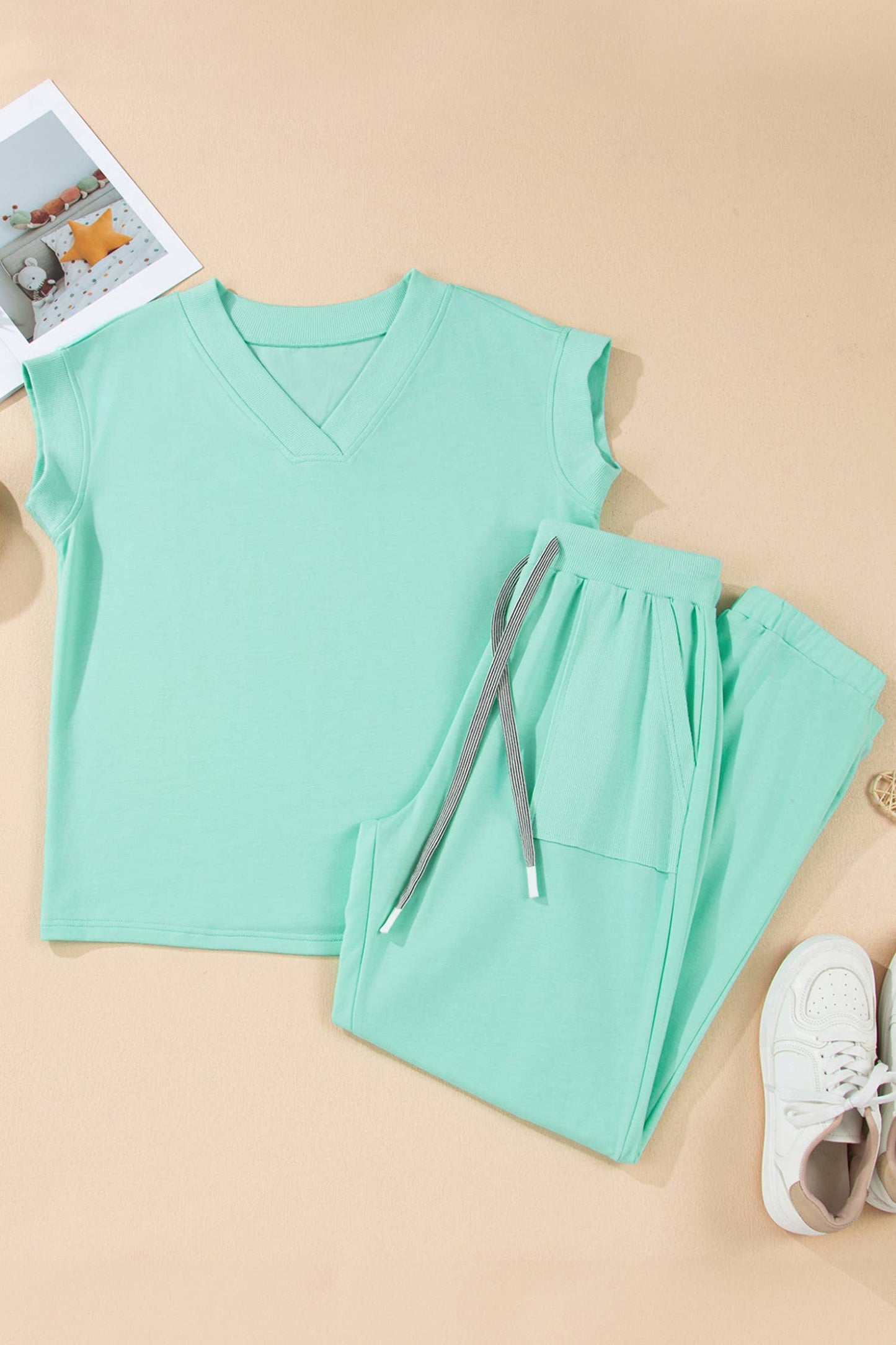 V Neck Tee Texture Patchwork Drawstring Pant Set