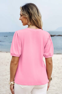 Solid Color V Neck Short Puff Sleeve Blouse