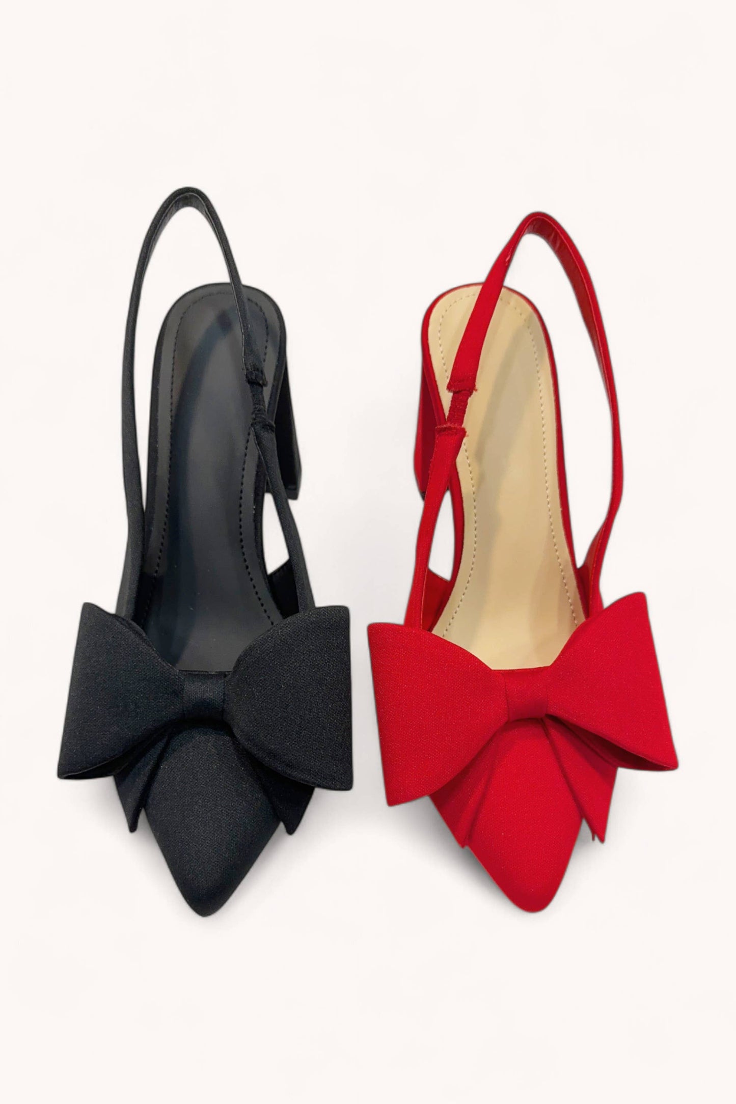 Elegant Bow Slingback Heels – Pointed Toe, Fabric Upper & Block Heel