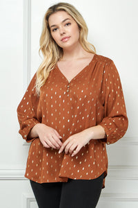 Plus Size Gold Dash Foil Blouse – Cuff Sleeve Smock Shoulder V-Neck