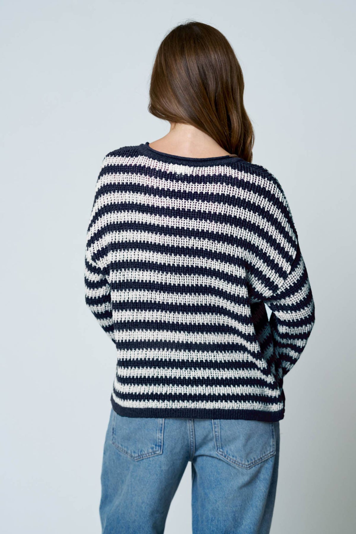 Stripe raw edge split neck sweater