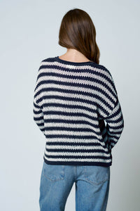 Stripe raw edge split neck sweater