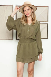 Long Sleeve Embroidered Button Tiered Mini Dress