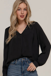 Long Sleeve V-Neck with Pleats Satin Blouse