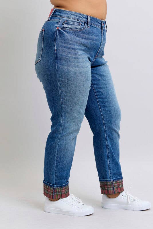MR Plaid Print Cuff Boyfriend Jeans by Judy Blue – Plus Size