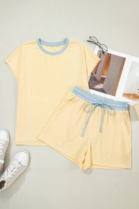 Casual Ribbed Colorblock Trim 2pcs Shorts Set