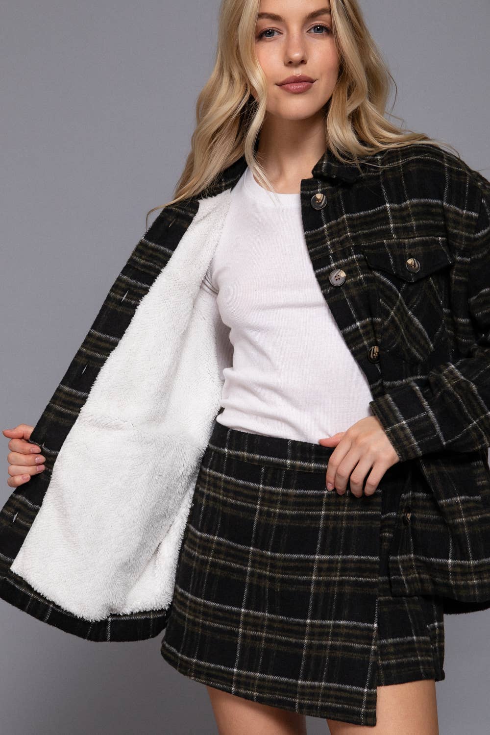 Long Sleeve Inside Faux Fur Brushed Plaid Jacket