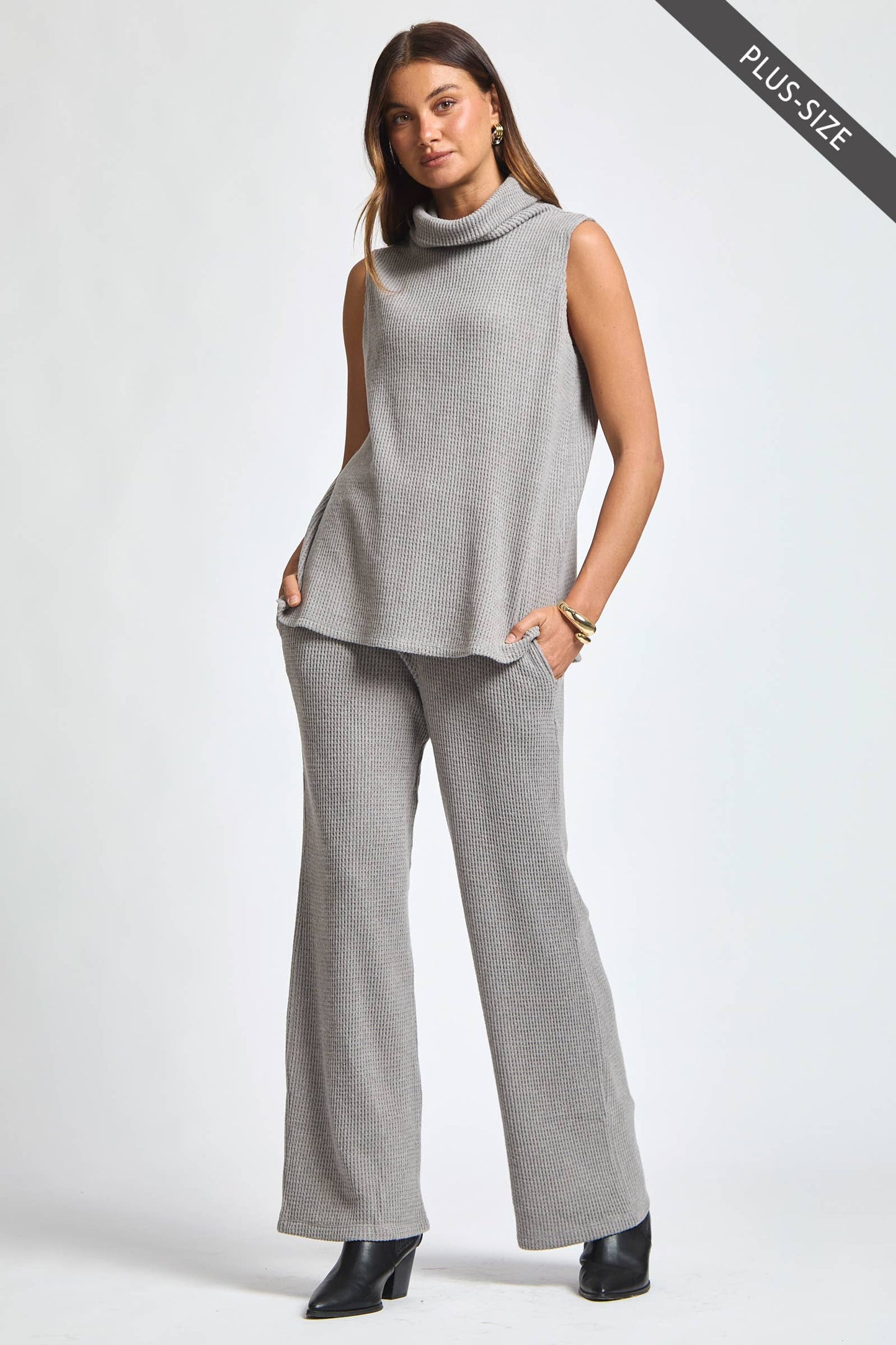 PLUS SIZE 3 Piece Set Cowl Neck Tank Top + Cardigan + Pants